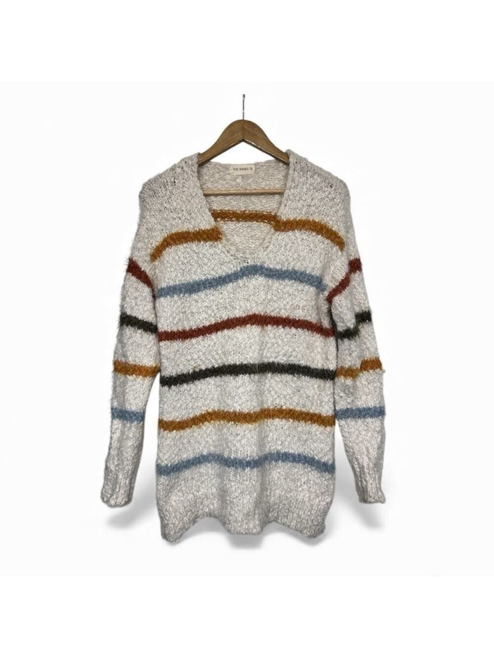 The Nines Bouclé Stripe Sweater Soft V-Neck Knit Women's M